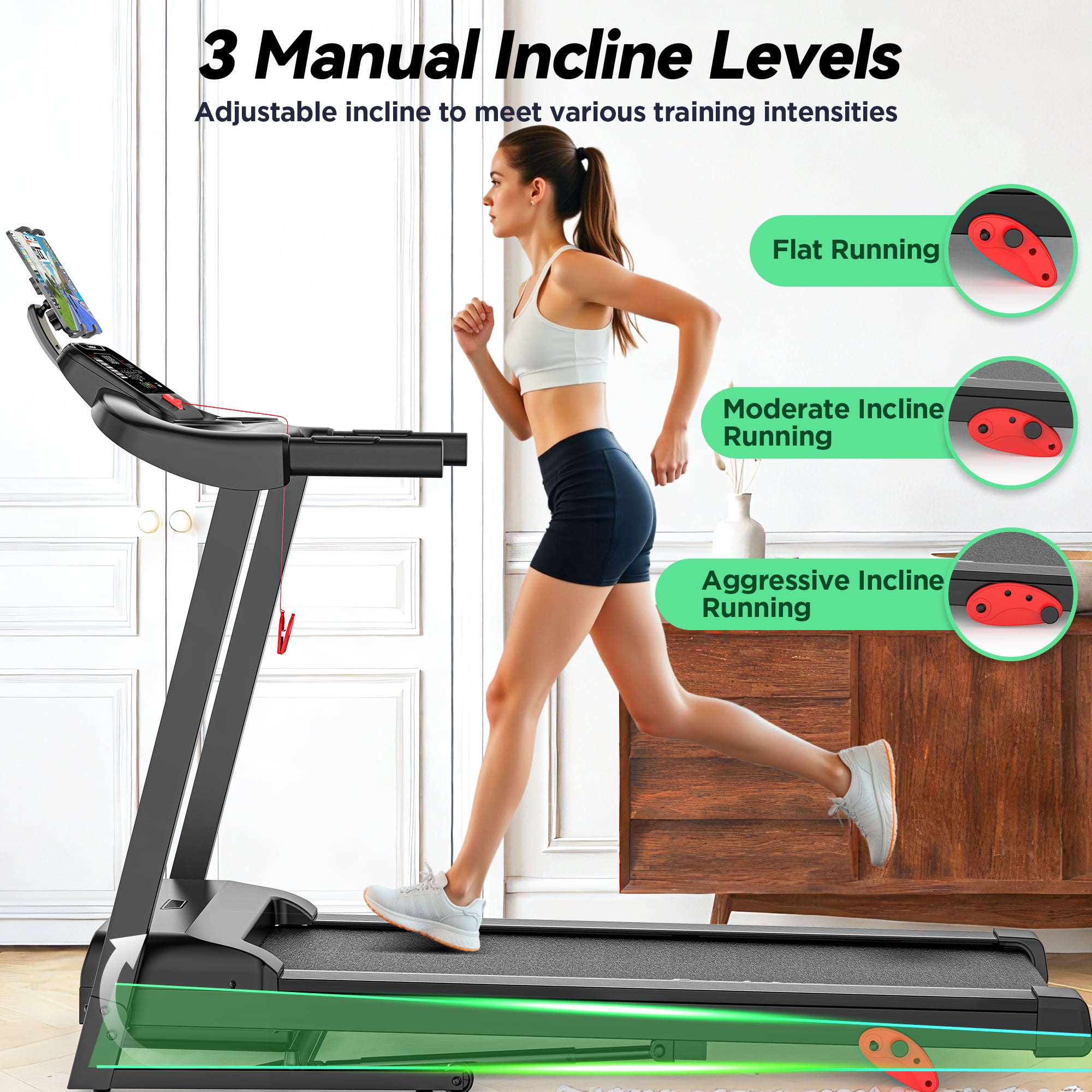 Treadmill for Home with 3-Level 9% Incline, Foldable Treadmill for Home Small Office, Compact Portable Running Treadmill with Handle,Digital LCD Display, APP Control, 300 lbs Capacity