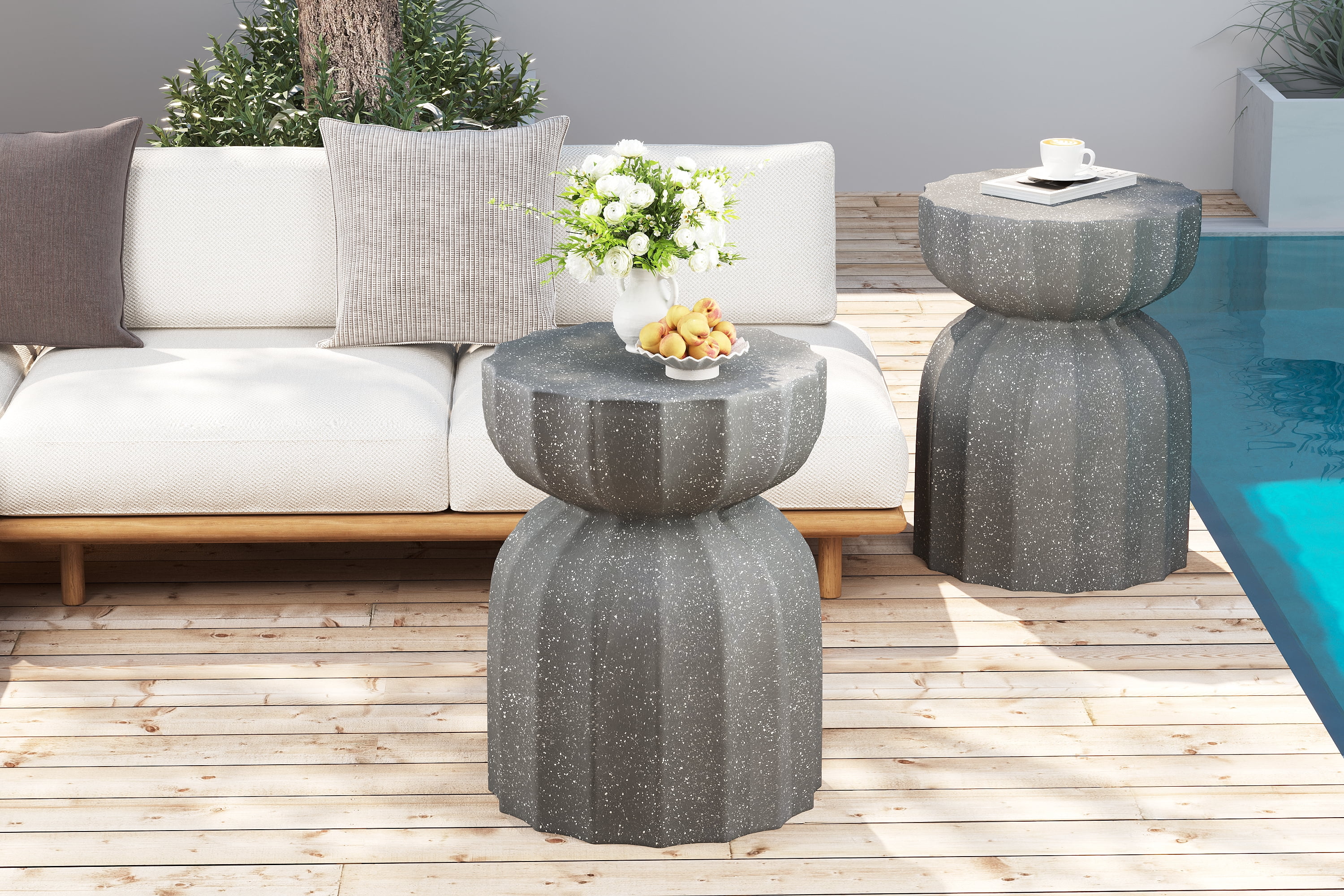 2 Piece Outdoor Accent Table Set, Waterproof Cement Style Round Side Coffee Table Combo for Yard Use, Grey