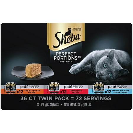 (36 Pack) Sheba Perfect Portions Wet Cat Food Pate, Savory Chicken Entree, Tender Beef Entree, Tender Whitefish & Tuna Entree Variety Pack, 2.6 oz. Twin-Pack