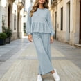 thumbnail image 6 of Asgosdo Women Two Piece Outfits Boho Grid Ruffle Long Sleeve Top and Wide Leg Pant with Pocket Casual Fall Winter Matching Lounge Sets, 6 of 6