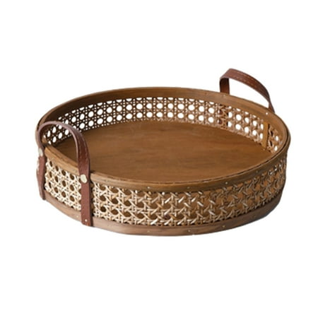 

Rattan Round Serving Tray Dish Fruit Snack Serving Tray with Leather Handle for Coffee Table Home Decorative