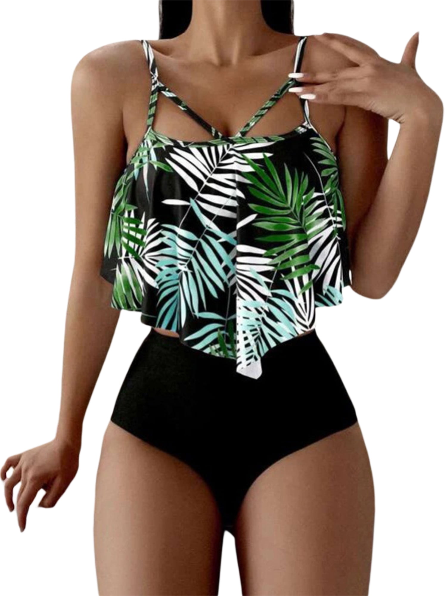 Women's Spaghetti Straps Cami Padded Two Pieces Bikini Swimsuit Leaf Print Strappy Bathing Suit Swimwear