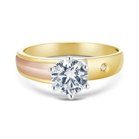 14K Tri Color Solid Gold 1 Ct. Round Cut Cubic Zirconia CZ Wedding - ENGAGEMENT RING ONLY - size 6.5