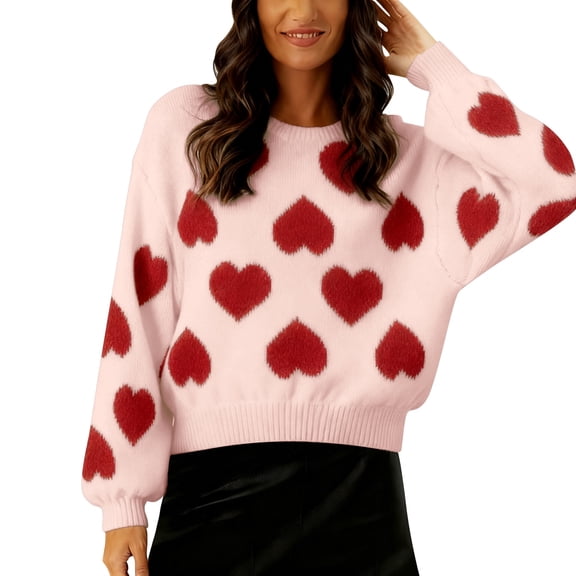 Arlun Heart Sweaters for Women Love Valentine's Day Knitted Puff Sleeves Crewneck Pullover Tops Casual Long Sleeve Relaxed Fit Cute Sweater 2026 Fashion New Outfits Pink XL