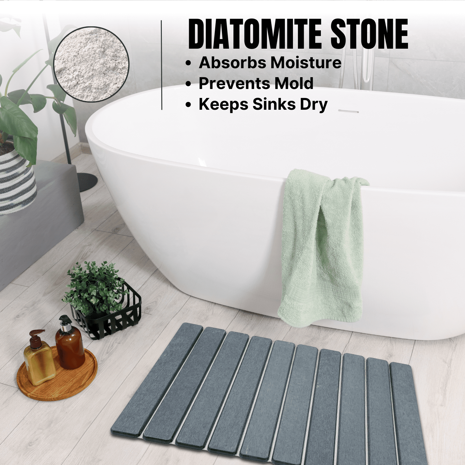 Easymora Foldable Stone Bath Mat – Large 24"x16" Diatomaceous Earth Quick Dry Non-Slip Shower Mat, Super Absorbent & Easy Clean, Dark Gray