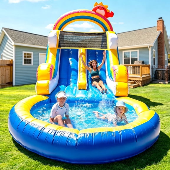 Relunch 24FT Commercial PVC Inflatable Double Water Slide with Pool & Climbing Wall, Backyard Water Park w/ Blower for Kids Adults  24x11x12ft