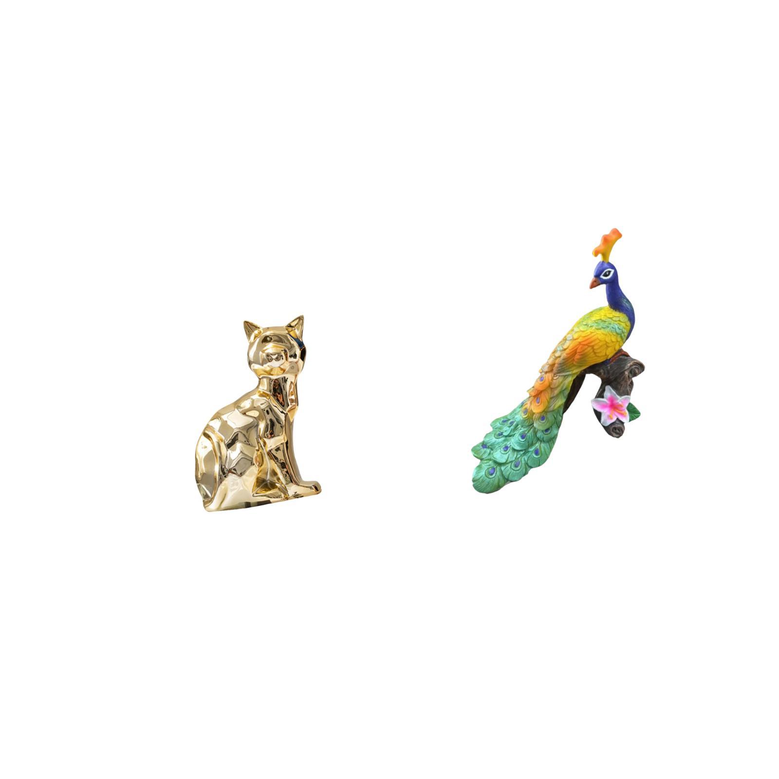 Dualoai Cat Peacock Statue Decorative Figurine Animal Sculpture Art Craft Ornament for Fireplace Garden Home Decoration Yard