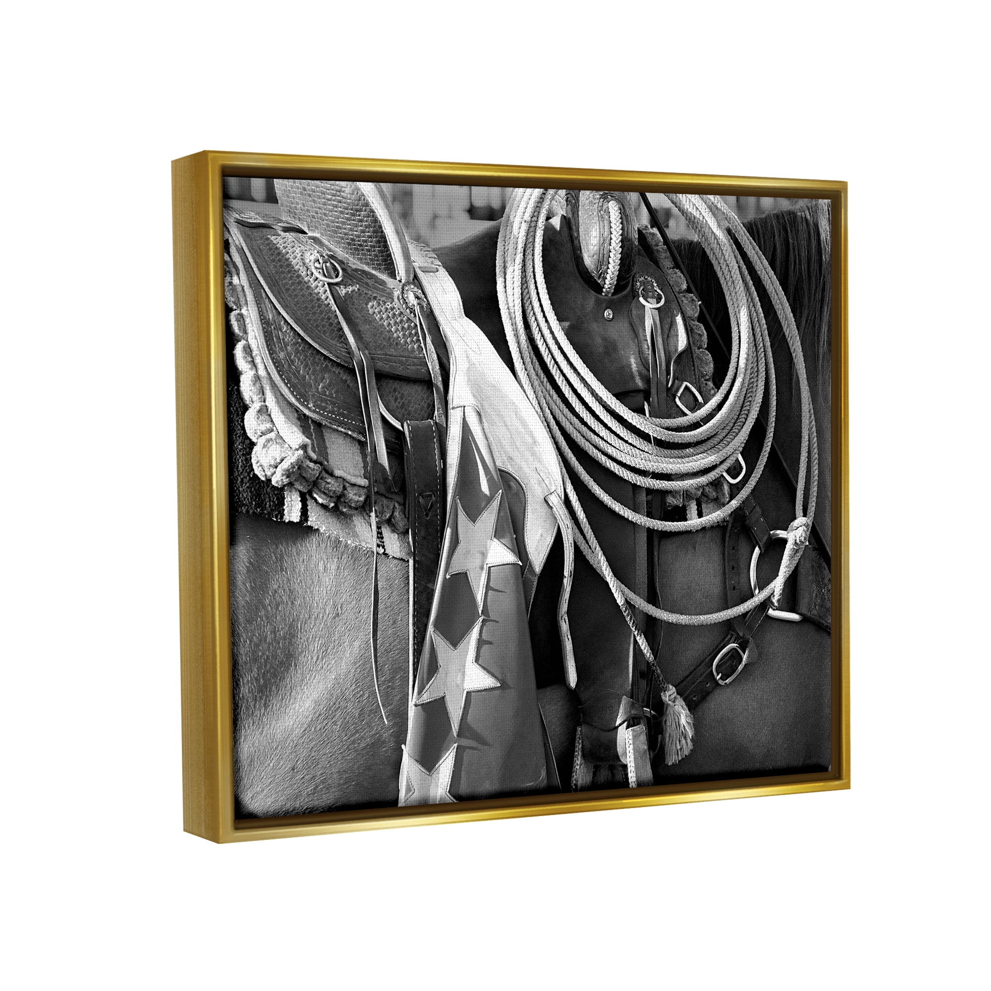 Stupell Industries Equestrian Saddle Photography Animals & Insects Photography Gold Floater Framed Canvas Art Print Wall Art, 31 x 25