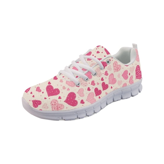COEQINE Pink Heart Beige Women Sneakers Running Walking Shoes White Sole Fashion Tennis Shoes for Travel Casual Breathable Mesh Trainers Footwear for Valentine's Day