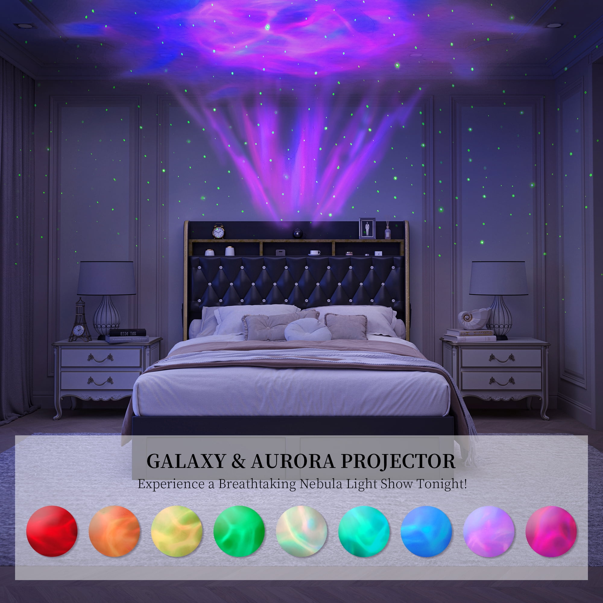 SIBEDS LED Bed Frame with 2 Storage Drawers and Galaxy Star Projector PU Upholstered Black Tufted Wingback Headboard, King