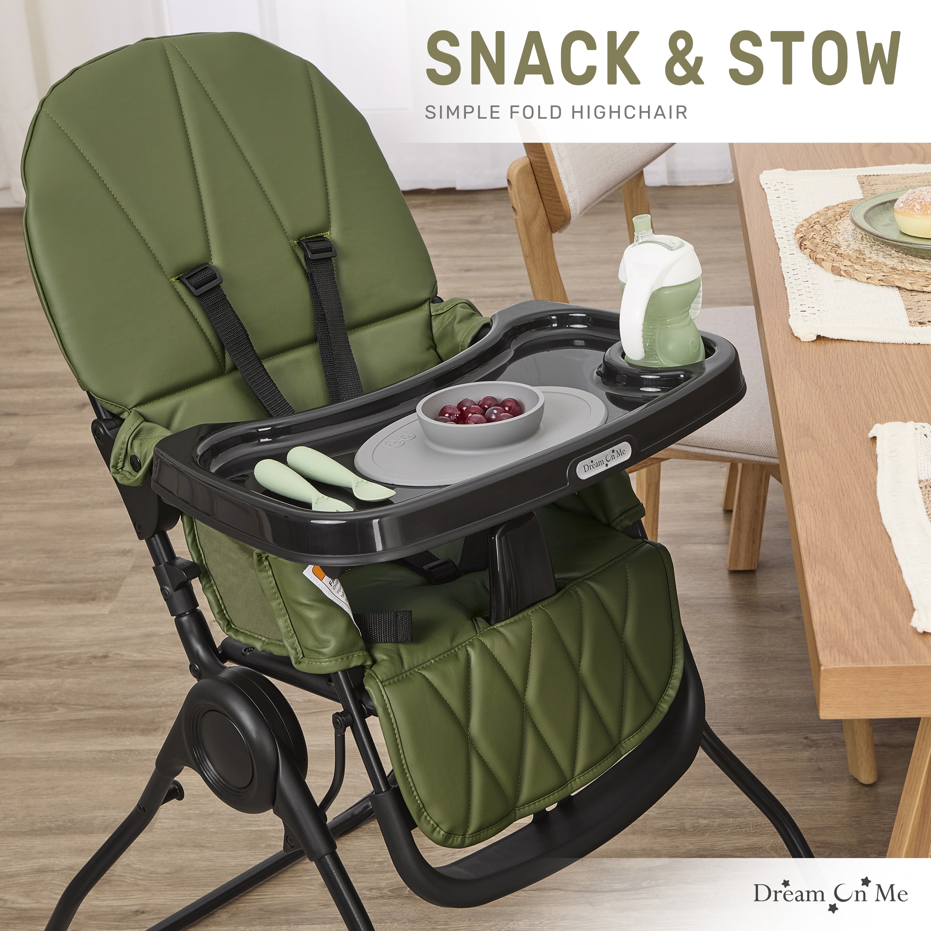 Dream On Me Snack and Stow Baby high Chair, Easy to fold and Store Travel high Chair, Removable and Three Position Adjustable Tray Portable high Chair, Olive