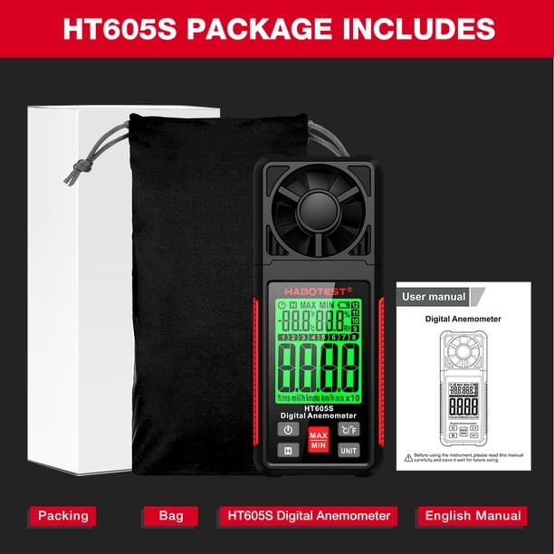 Velocidad del Anemómetro HABOTEST HABOTEST HT605S 0-12 MEDIDOR DE VELOCIDAD DEL VIENTO DE LA ESCALA DEL VIENTO DE LA LA PANTALLA DE LA LUZ DE FONDO DEL MEDIDOR DE TRANSMISIÓN DE AUIRE