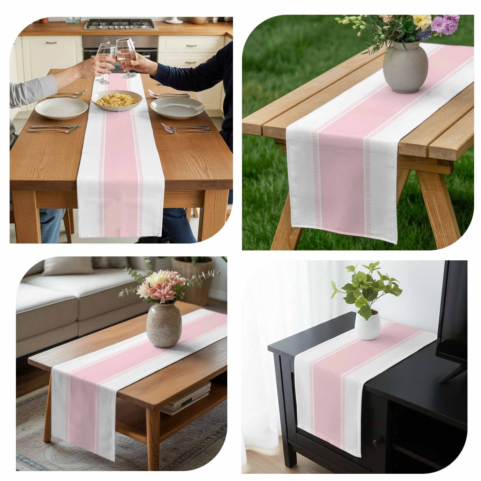 Pink Table Runner 13x120 inch Stripe Cotton Linen Dining Table Runner Ideal for Dresser Kitchen Coffee Tables - Machine Washable