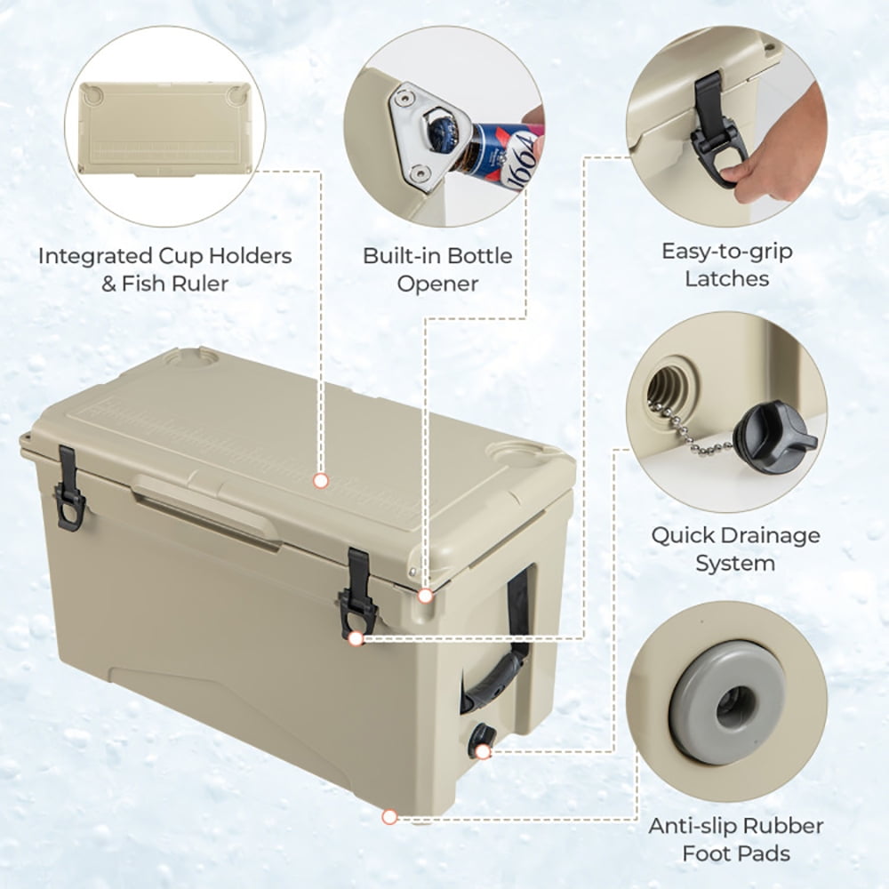 Spaco 50 QT Rotomolded Cooler Insulated Portable Ice Chest with Integrated Cup Holders-Tan, Heavy Duty Hard Coolers for Beach Picnic Camping Boat