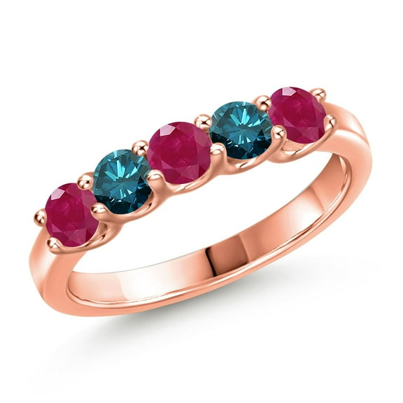 Gem Stone King 18K Rose Gold Plated Silver Red Ruby and Blue Diamond Wedding-Bands Ring for Women | 1.05 Cttw | Round 3.5MM | Gemstone July Birthstone | Size 9