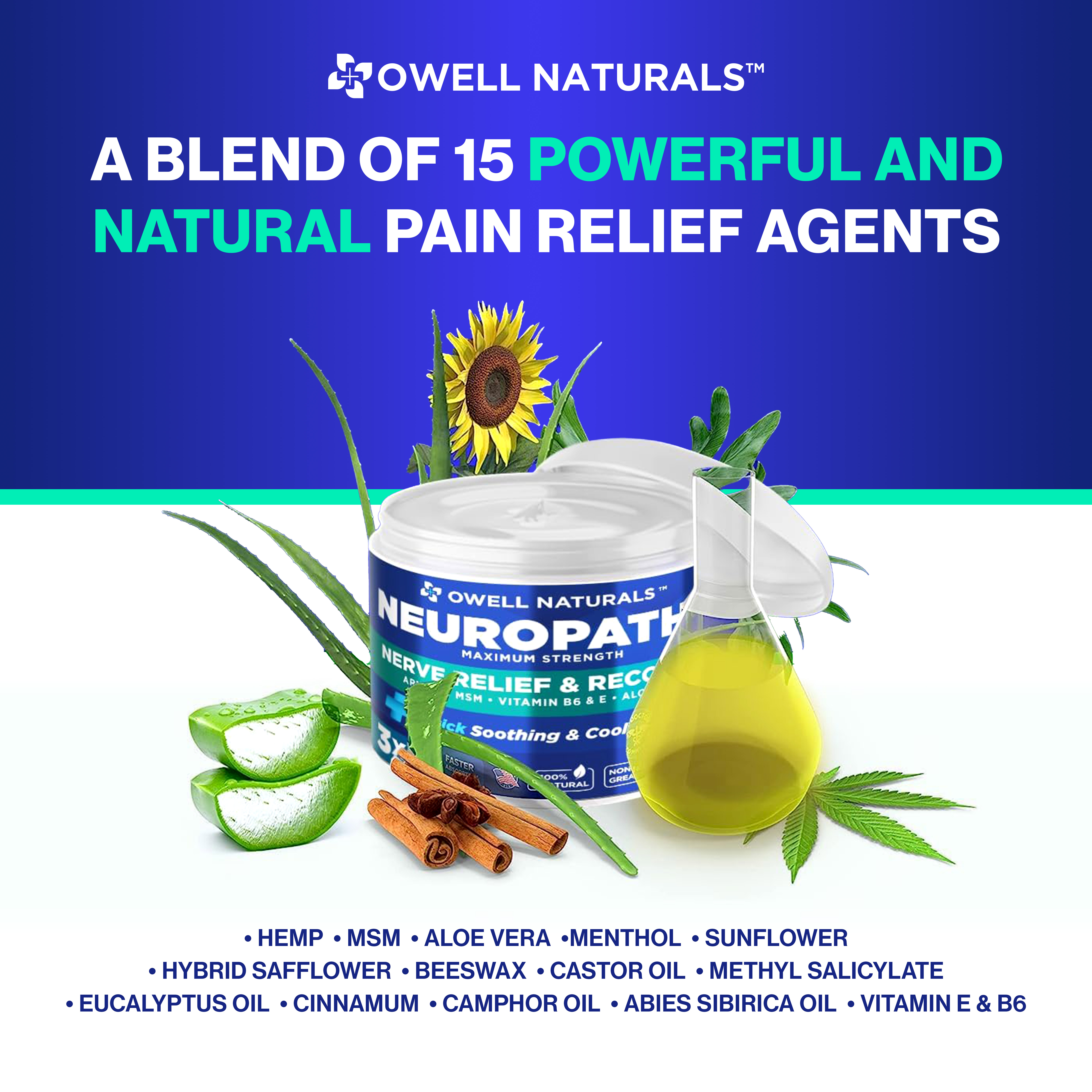 OWELL NATURALS Neuropathy Nerve Relief Cream Soothing & Calming for Aching Foot, Hands, Legs, Toes