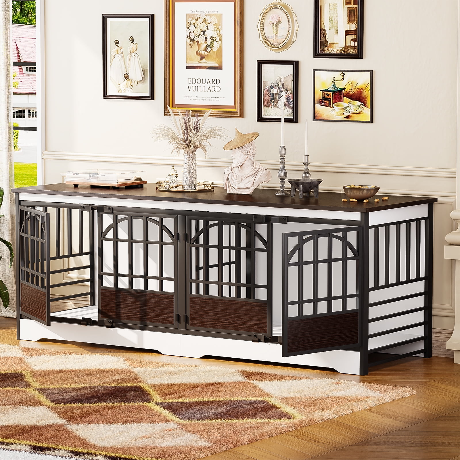 Bel Ark 86 inch Double Dog Crate Furniture for 2 Large Dogs Heavy Duty Double Dog Crates Furniture Indoor as TV Stand,Large White