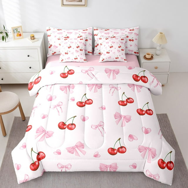 Erosebridal Ensemble de Literie Tout-en-un Grand Lit à Motif de Cerises Dessin Animé, Ensemble de Lit Mignon avec Nœud Papillon, Déco de Princesse de Rêve, Réversible 7 Pcs