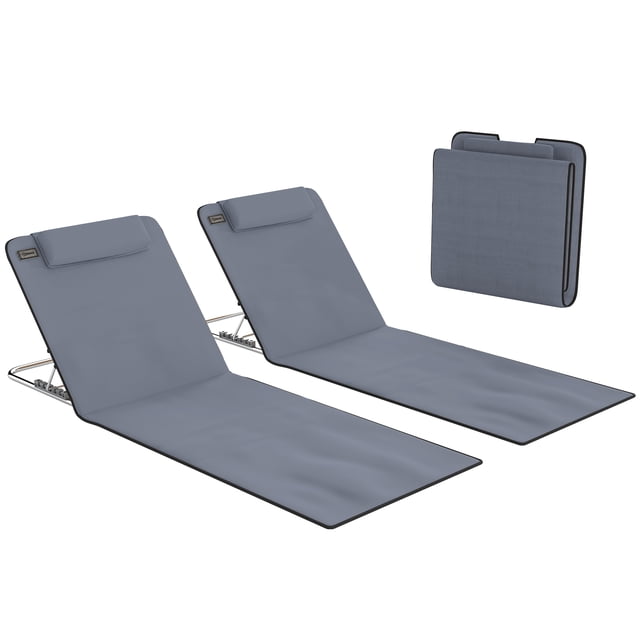 Outsunny 2 Pcs Folding Beach Lounge Chair Chaise Lounge w/ Pillow, Grey