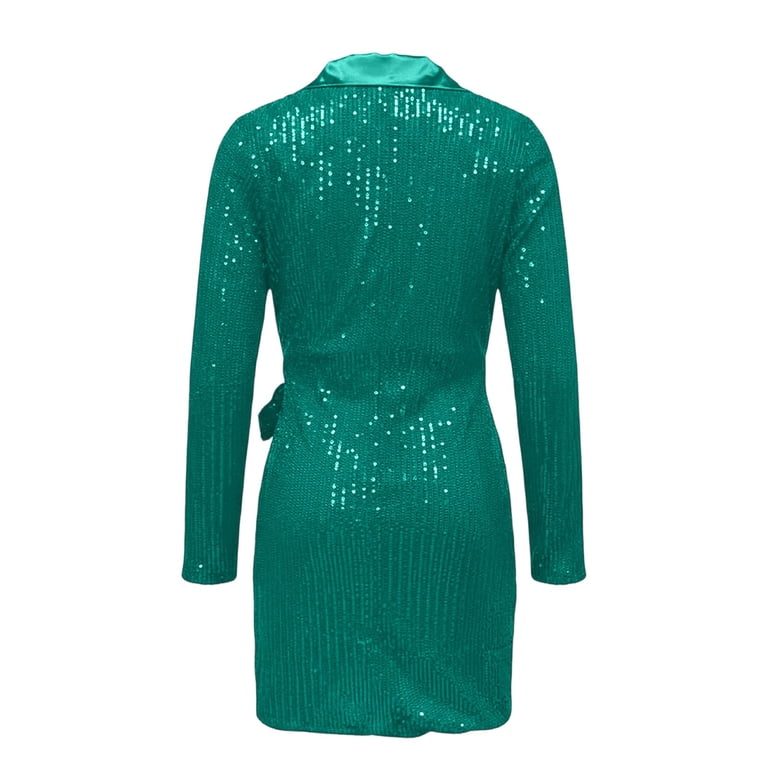 Dpjklzsn Women's Sequin Blazer Mini Dress with Notched Lapel, Long Sleeves, Wrap Front and Self Tie Waist