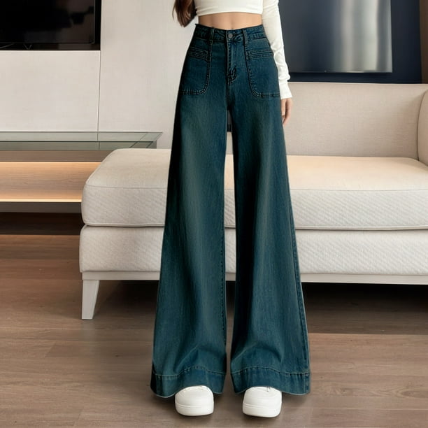 WILLBEST Jeans Mujer Pantalones Casuales de Pierna Ancha para Mujer, Cómodos y Fluidos, Pantalones Largos Versátiles para Todos Los Días y para Todas Las Estaciones. Mediana