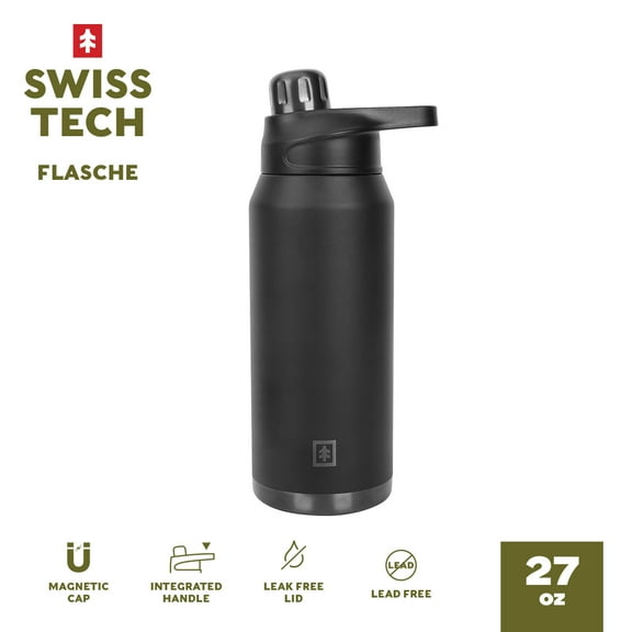 Swiss Tech Flasche Black 27oz Magnetic Cap Water Bottle, Triple-Wall Stainless, BPA-Free