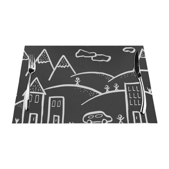ZNDUO Placemats, 6 PCS Heat Resistant Stain Resistant Woven PVC Insulation Placemats, Durable Washable Elegant Table Mats for Dining-Village Buildings, 18"x12"