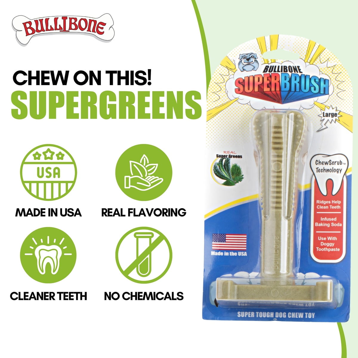 Bullibone Green SuperBrush: Dental Dog Toy Teeth Cleaning Easy Hold Dog Toothbrush - Long Lasting Nylon Chew Bones - 2 Pack