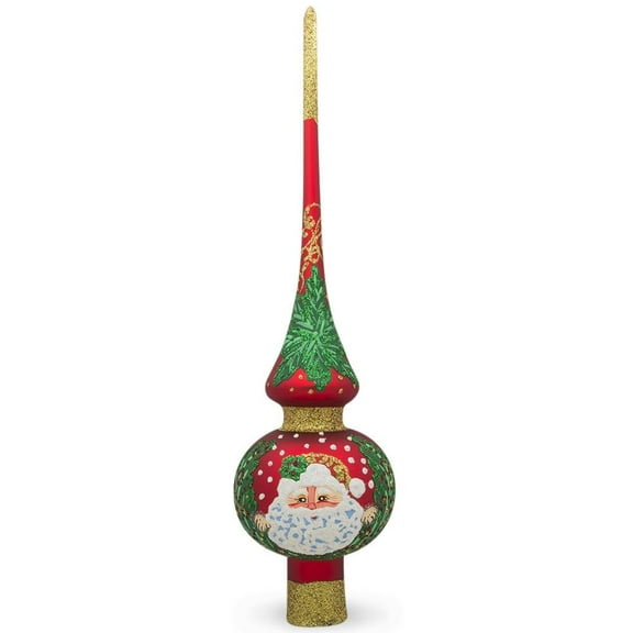 Santa Face & Green Holly Red & Gold Glitter Glass Christmas Tree Topper 11 Inches