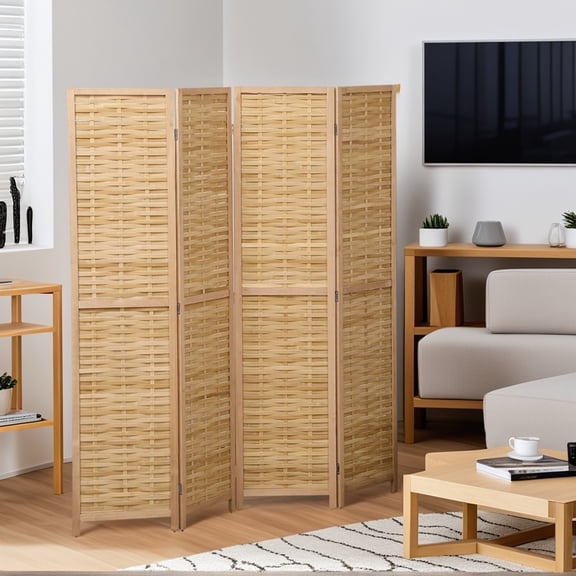 Spaco 47.25"x67"x0.75" Hand Woven Room Divider, 4 Panel Bamboo Folding Privacy Screen for Indoor as Living Room, Entryway, Natural