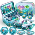 thumbnail image 3 of Joyfy Mermaid Tea Party Set for Girls, Pretend Tin Teapot Set with Teapot, Cups, Plates, Carrying Case, Princess Tea Time Play Kitchen for Christmas Birthday Gift, 3 of 8