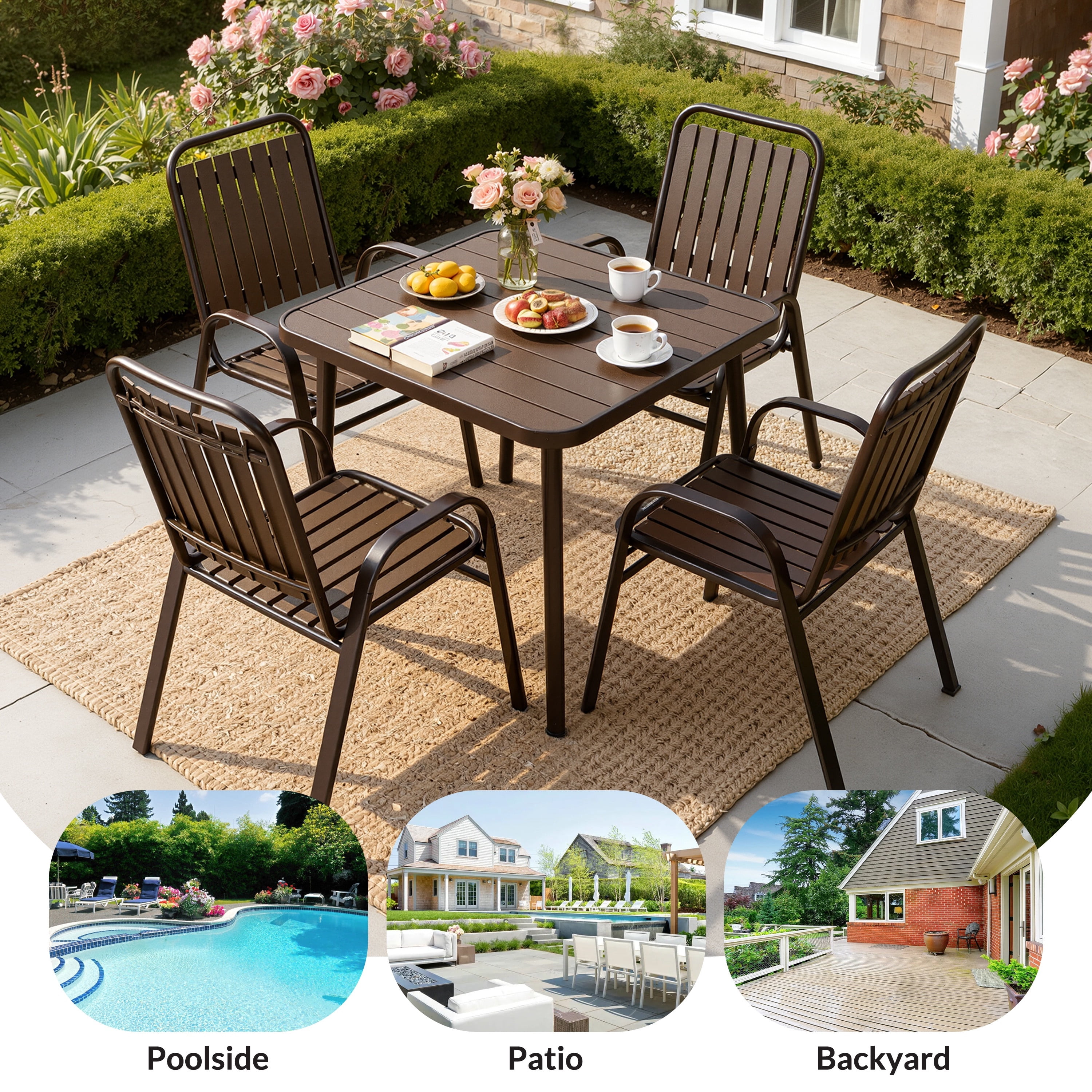 5 Piece Outdoor Dining Set, Patio Furniture Set with 4 Armrest Chairs and Steel Slat Table, All-Weather Conversation Set for Patio, Backyard, Deck, Poolside - Brown