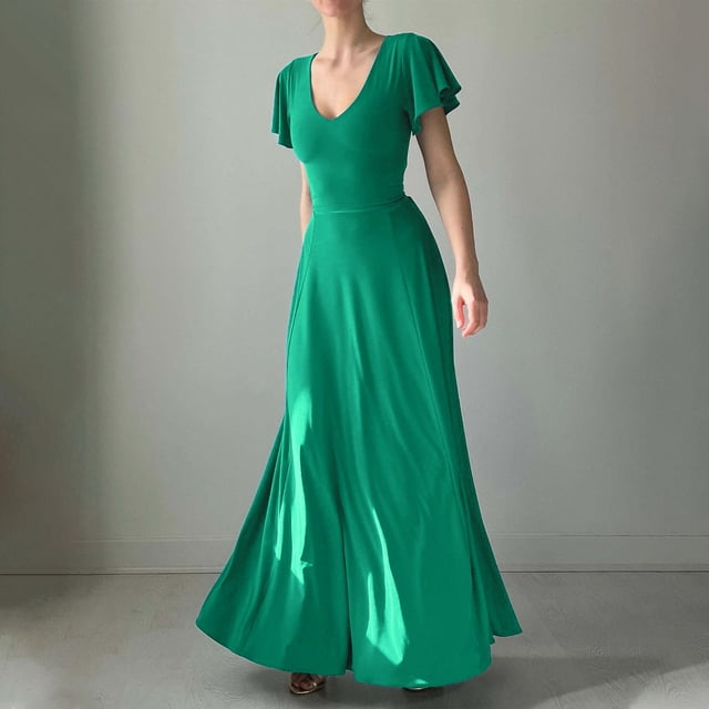 Pisexur Robe à Manches Courtes Col Rond Cheville Mode Femme Solide Manches Courtes Dentelle Dos Col Rond Manches Volantes Robe Femme
