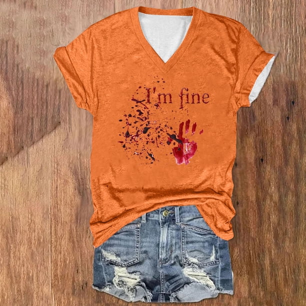 Fiudx Camisetas para Mujer Camiseta de Manga Corta con Cuello En V y Estampado de Halloween para Mujer