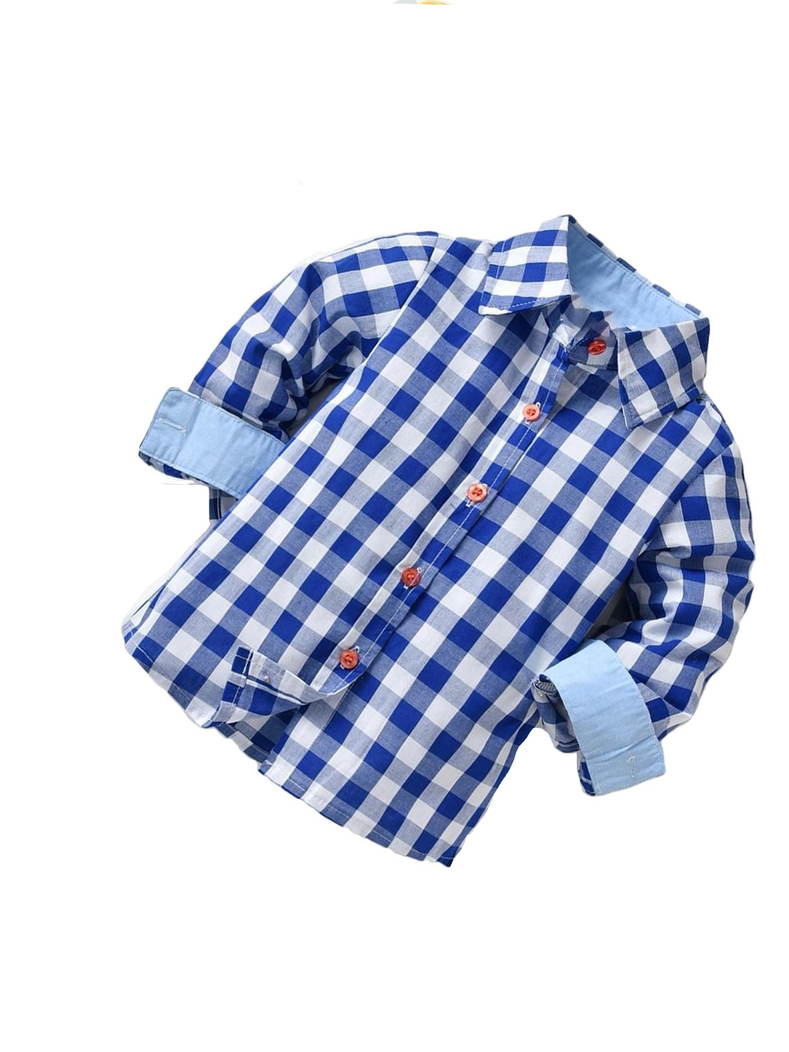 Casual Gingham Collar Shirt Long Sleeve Blue and White Toddler Boy