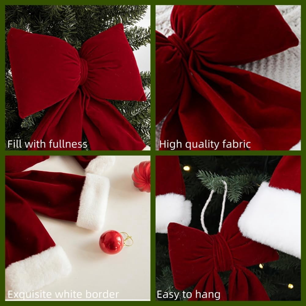 Dalrosia 6PCS Christmas Wine Red Bow Velvet Christmas Swag Bow Xmas Tree Hanging Decorations Christmas Bows Ornaments for Home Outdoor Indoor Party Fence Fireplace Stairs