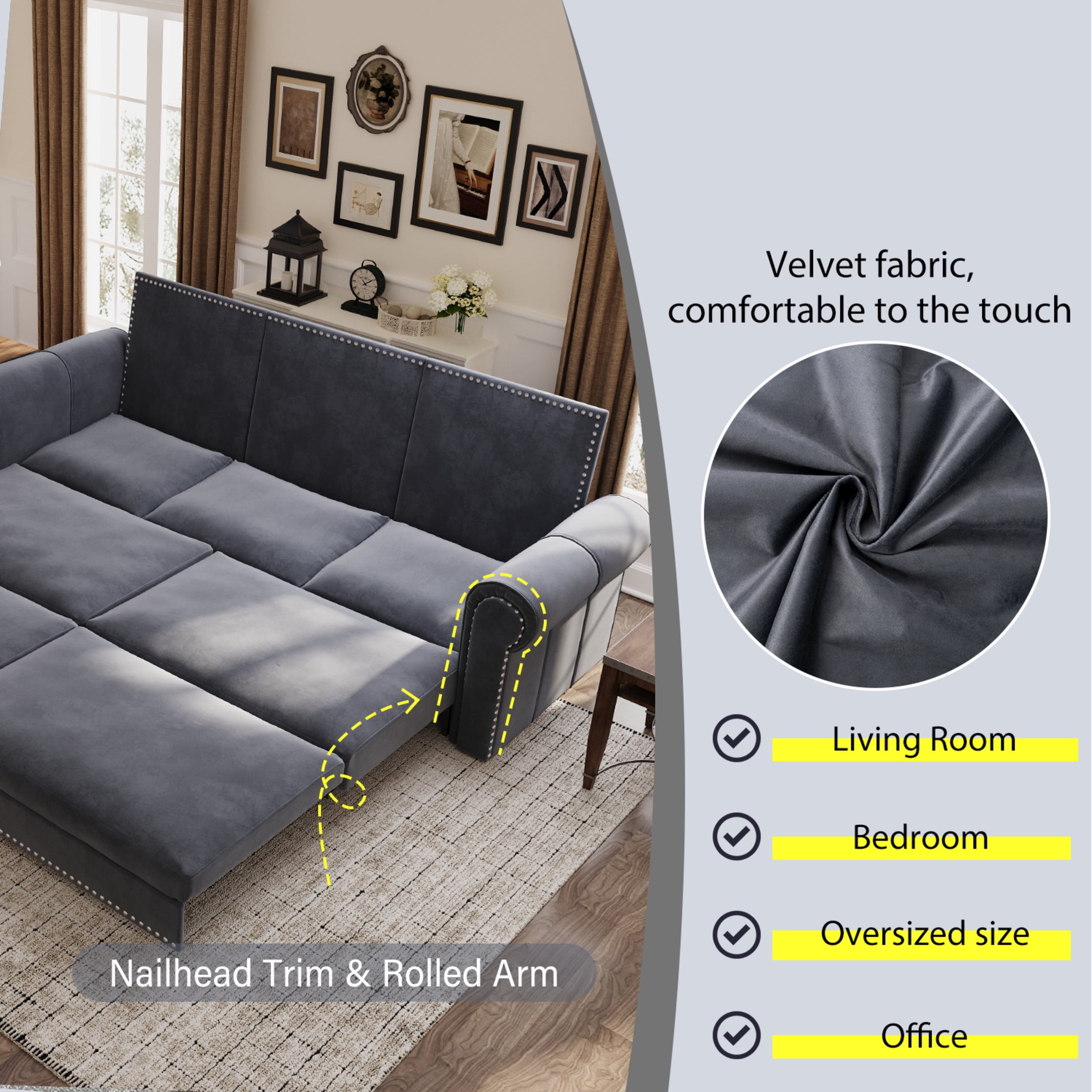 Noble House Lexair Velvet Chesterfield Pull Out Sofa Bed, 3-in-1 King Sleeper Couch with Nailheads & Rolled Arm, Grey