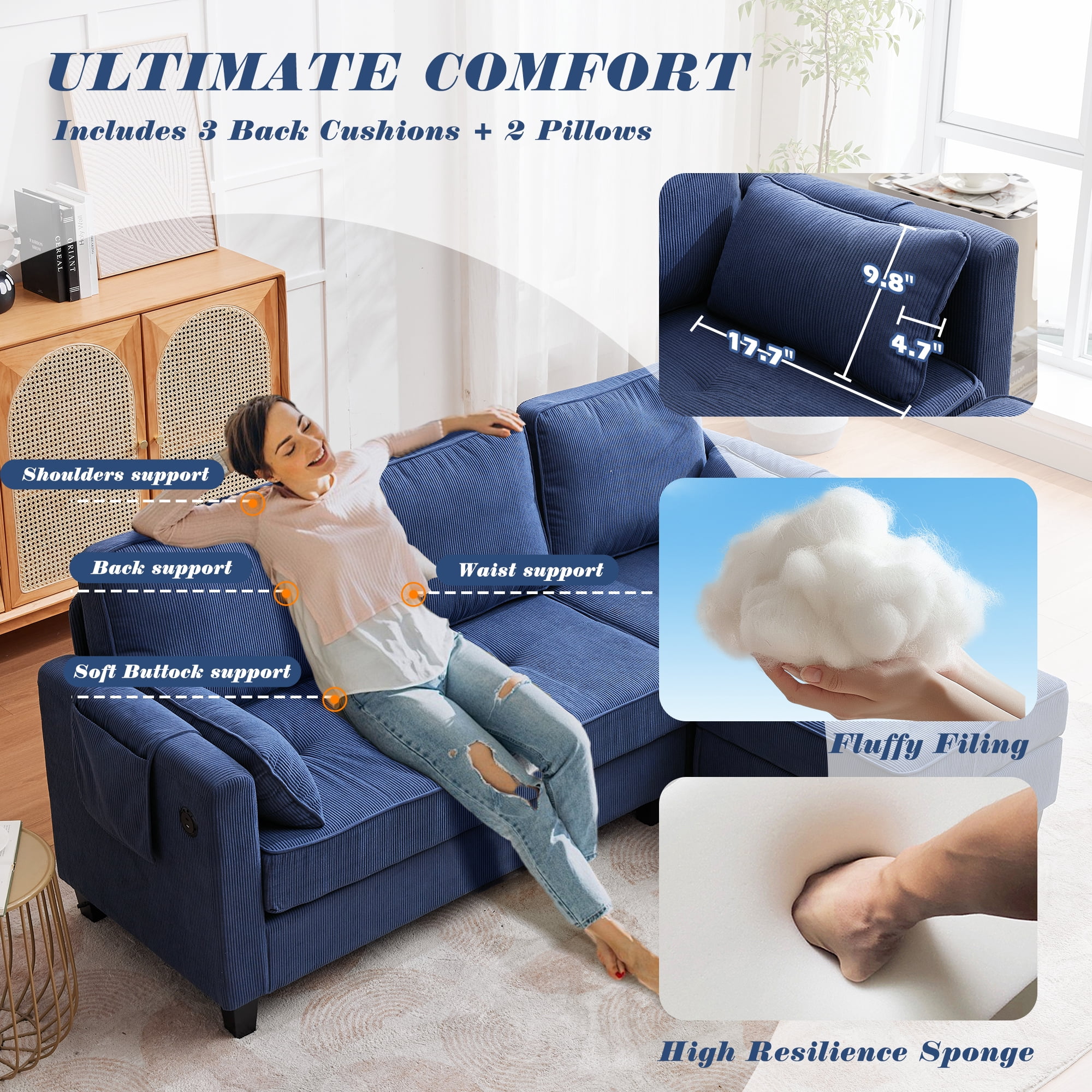 Magic Union Convertible Sectional Couches for Living Room- Small Space Couches L-Shaped Sofa, Corduroy Upholstered 3 Seats Sofas W/Storage Chaise, USB Ports, Side Pockets and Pillows