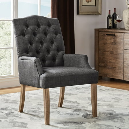 Weston Home Ridgemere Tufted Upholstered Linen and Natural Finish Wood Dining Chair, Dark Grey