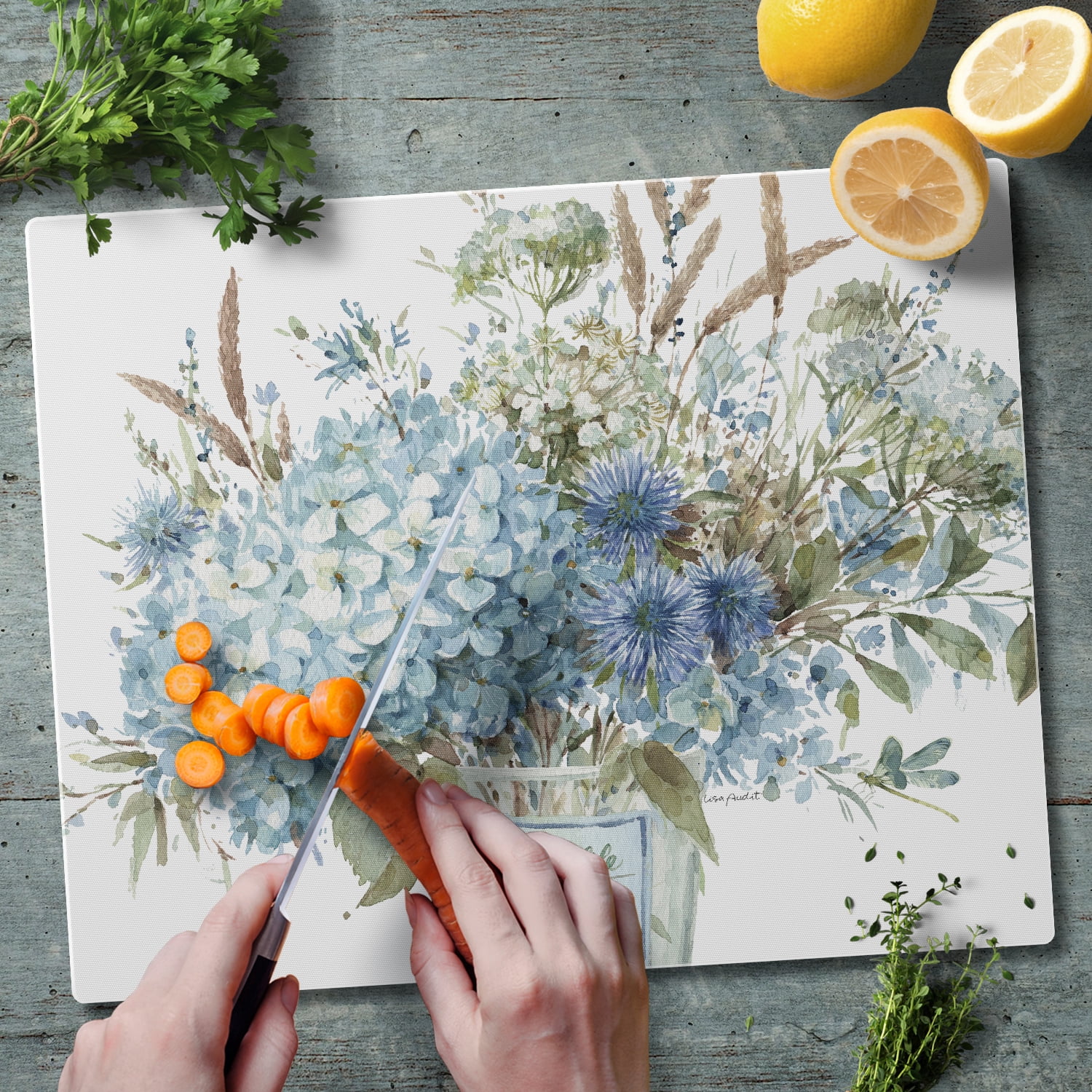 CounterArt Blue Floral 3mm Tempered Glass Cutting Board 15" by 12"