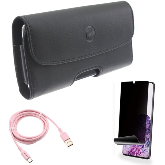 Privacy Screen Protector w 6ft USB-C Cable w Case Belt Clip for Samsung Galaxy S20 Plus - TPU Film [NOT GLASS] [Fingerprint Works], Pink Charger Cord Power, Leather Holster Cover fits Galaxy S20 Plus