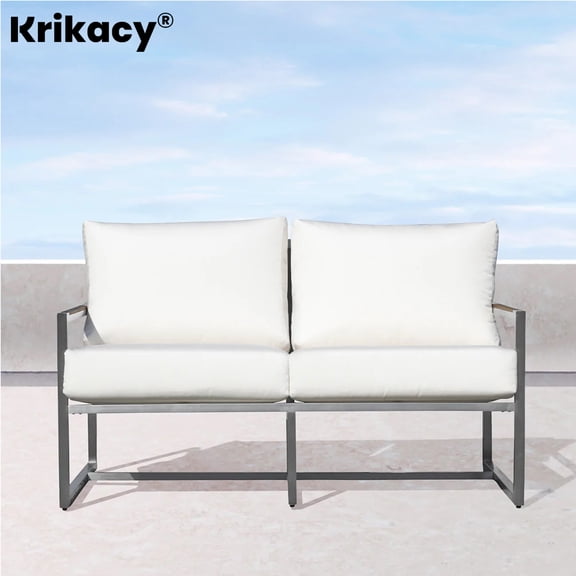 Krikacy Stainless Steel Teak Outdoor Loveseat All-Weather for Patio,with White Thick Cushion
