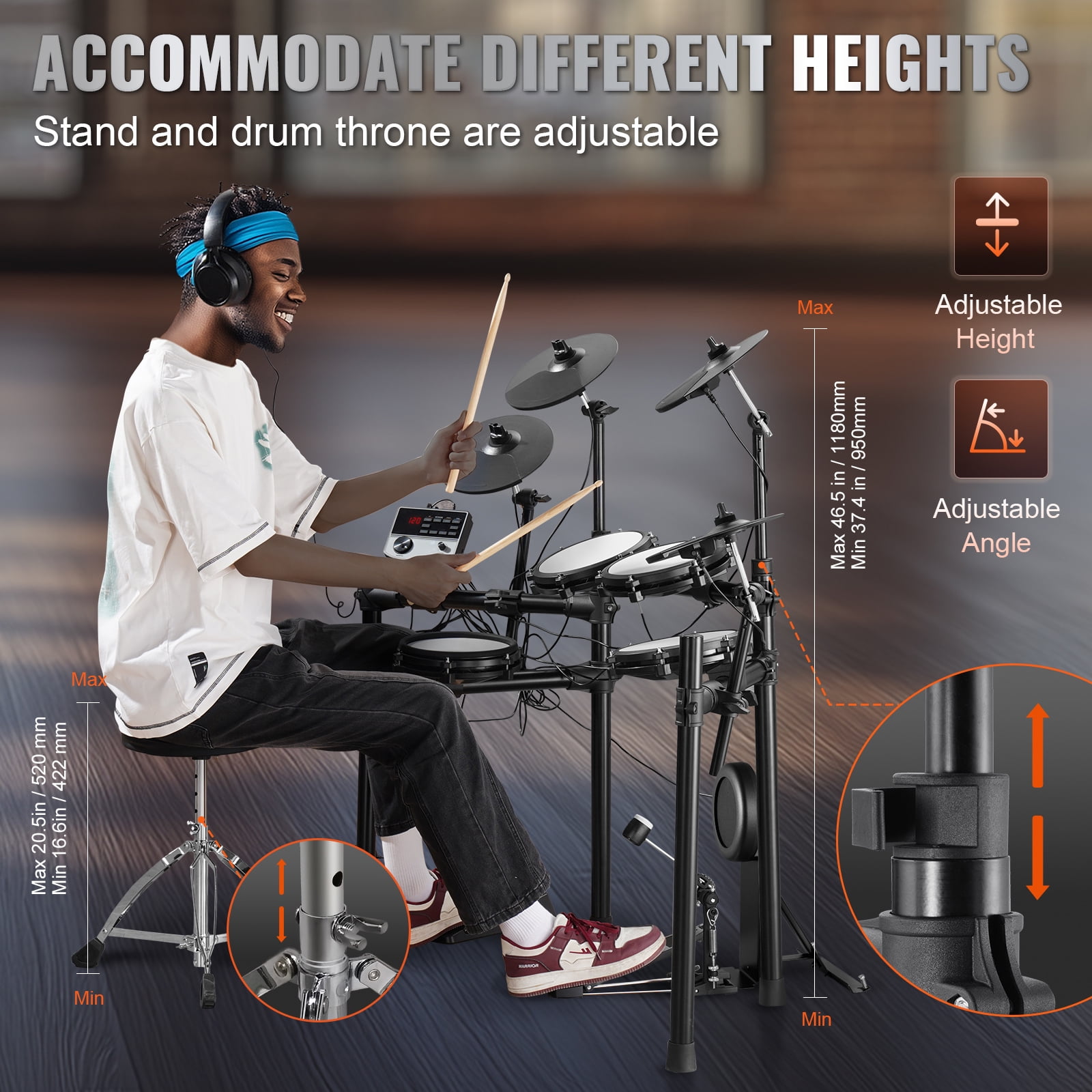 KFFKFF Electronic Drum Set, Collection of 32 Drum Kits & 480 Unique Sounds, 8 in Silent Mesh Snare, USB MIDI Compatible, Comes with 10 in Cymbals, Drum Sticks & Headphones