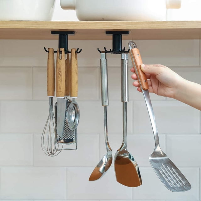 Gancho giratorio de 360° para utensilios de cocina, gancho para utensilios de cocina con 6 ganchos, organizador de almacenamiento sin perforación para cocina/baño/armario