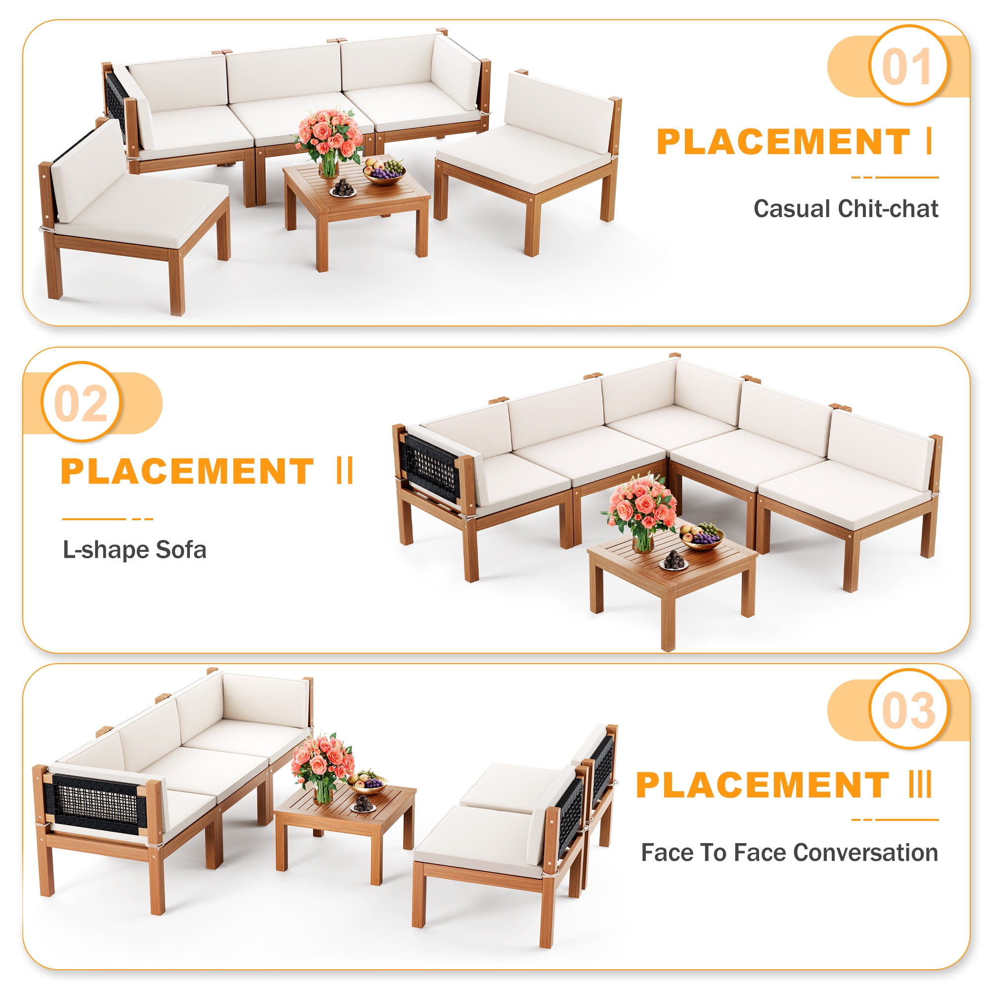 Homall 5-Seat Pieces Patio Conversation Set Acacia Wood Outdoor Furniture Set, White