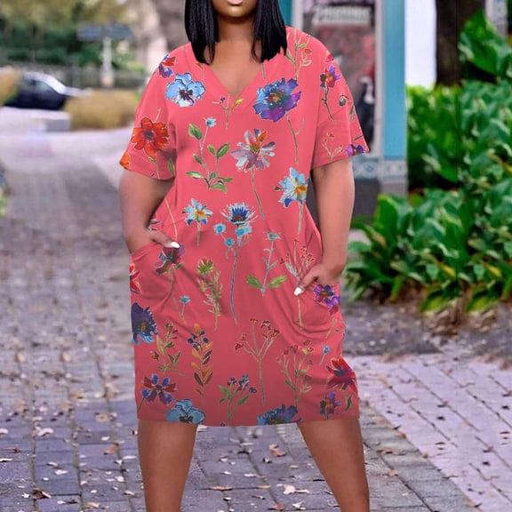 Zyloft Spring Dresses for Women Plus Size Floral Print Loose Casual Short Sleeve V-Neck Knee-Length Dress Orange XXXXXL