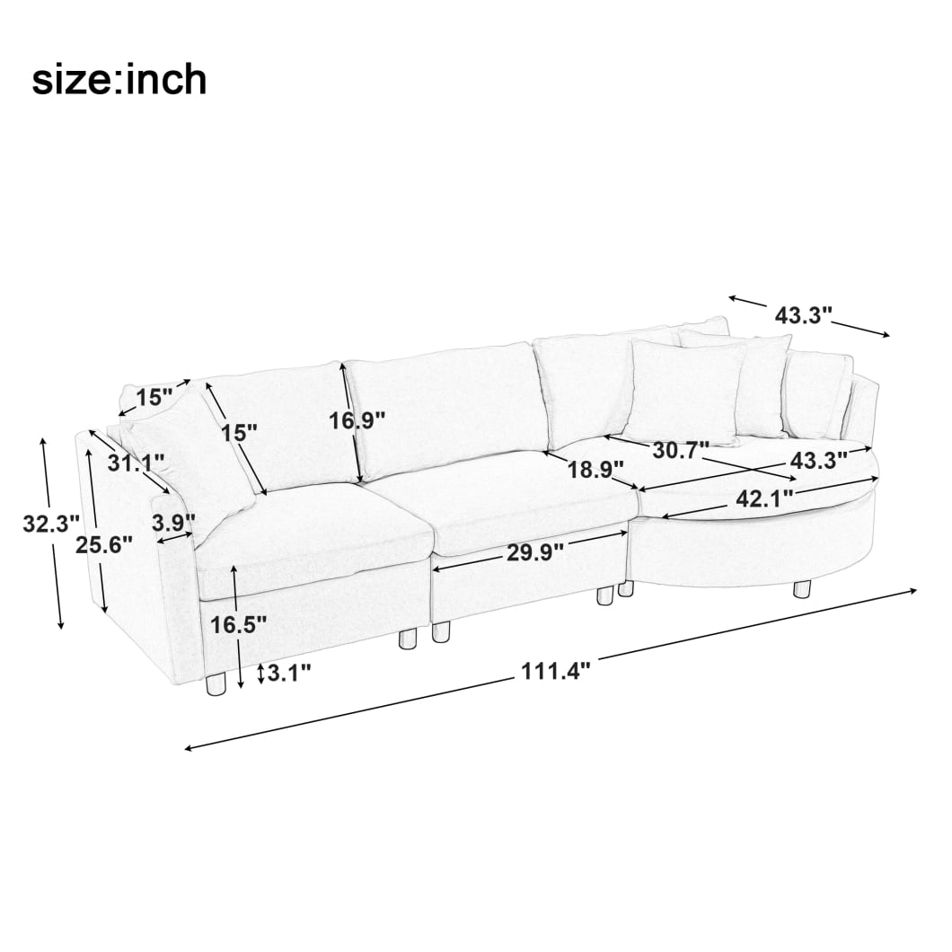 111.4" Large 3-Seater Sofa with Curved Seat and 3 Pillows, Oversized Modern Sofa Couch with Wooden Frame for Living Room, Bedroom and Office, Weight Capacity 220lbs/Seat, Grey