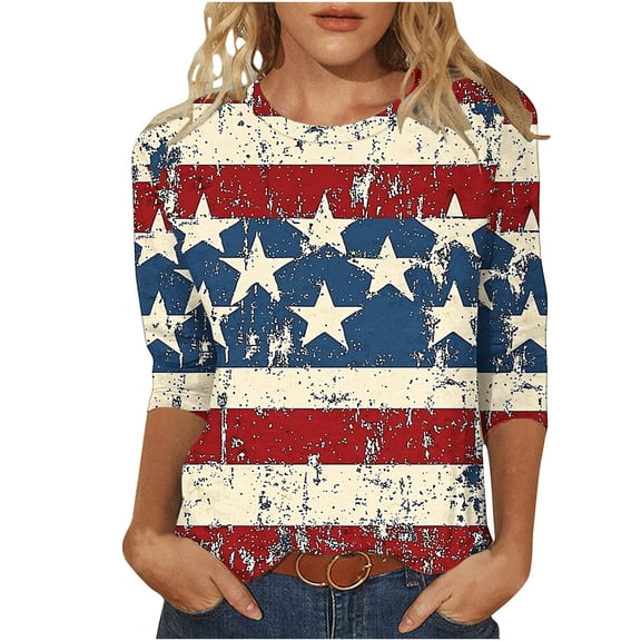 Htigea American Flag T-Shirts for Women 4th of July 3/4 Sleeve Tops Patriotic Star Stripes Printed Tees Casual Summer Shirts 02 Multicolor S