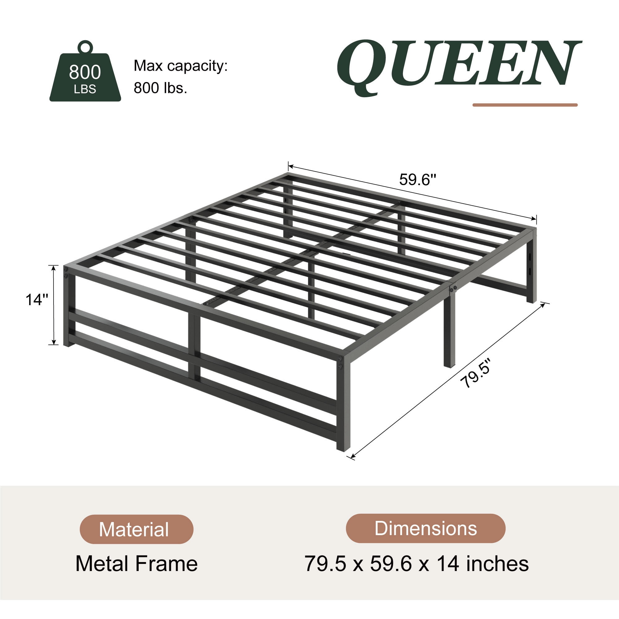 Amolife Queen Size 14'' Metal Platform Bed Frame with Large Under Bed Storage Space, Black