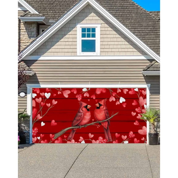 Valentine's Day Garage Door Banner Covers, Romantic Red Birds Pink White Love Heart Red Wood Grain Large Hanging Indoor/Outdoor Backdrop Background for Christmas Winter Party Decor, 6.9x8 FT
